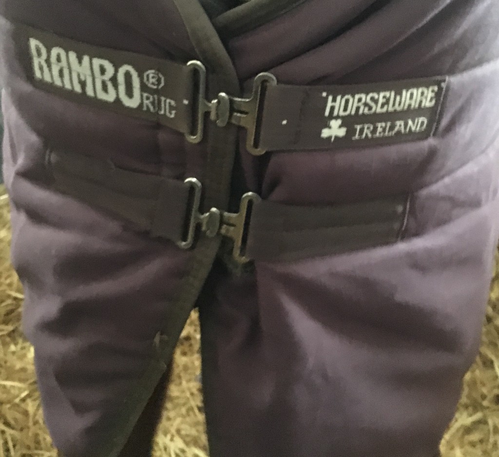 Système d'attache au niveau du poitrail ( Rambo Stable, 400g ) . LA couverture à 5 ans. Les coutures n'ont pas bougées.